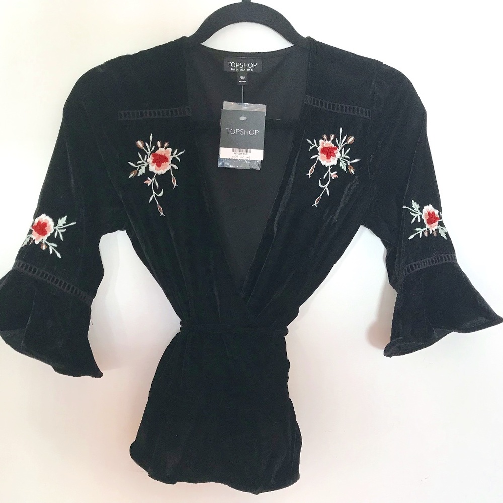 NWT Topshop, Black, Wraparound, Crushed Velvet Top With Hand Embroidery